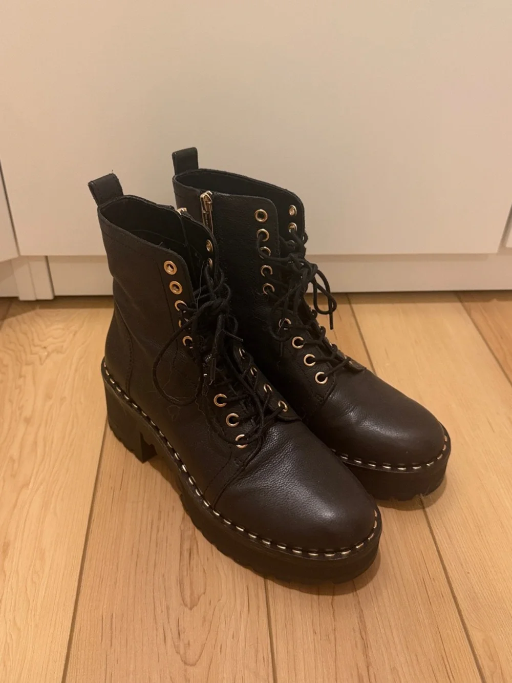 Vince Camuto Black Leather Platform Lace-Up Combat Boots with Gold Eyelets